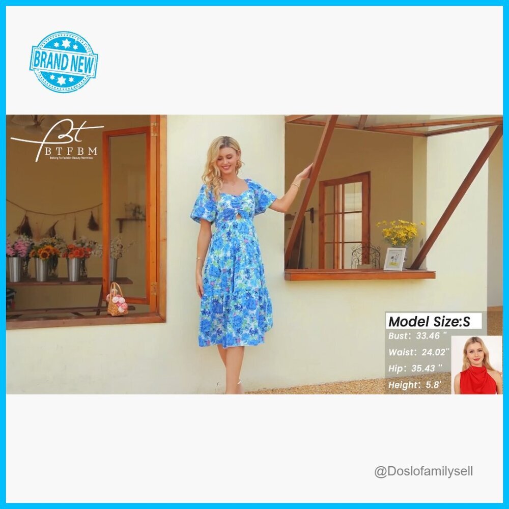 Boho Maxi Dress Flowy Tiered Ruffle Hem Smocked Back Square Neck Casual - Picture 7 of 7